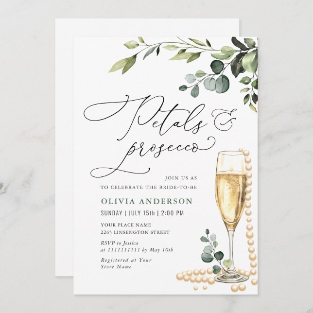 Eucalyptus Floral Bridal Shower PETALS & Prosecco Invitation (Front/Back)