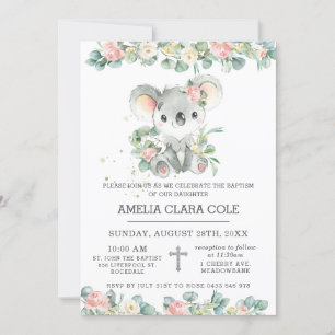 Eucalyptus Floral Cute Koala Baptism Christening Invitation