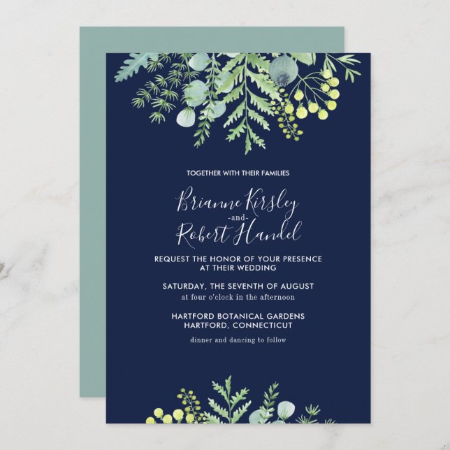 Eucalyptus Floral Floral Wedding Invitation Navy (Front/Back)