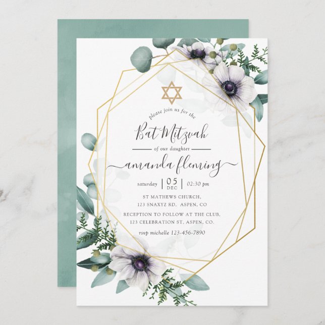 Eucalyptus Floral Geometric Bat Mitzvah Invitation (Front/Back)