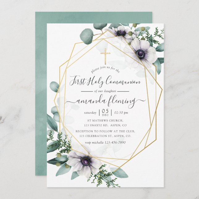 Eucalyptus Floral Geometric First Holy Communion Invitation (Front/Back)