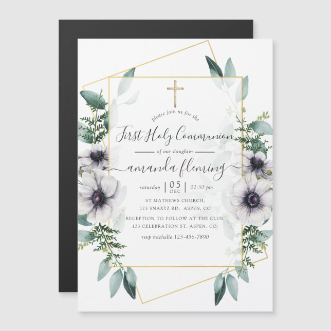 Eucalyptus Floral Geometric First Holy Communion Magnetic Invitation (Front/Back)