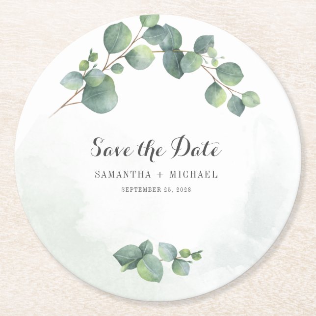 Eucalyptus Floral Greenery Creative Save The Date Round Paper Coaster (Front)