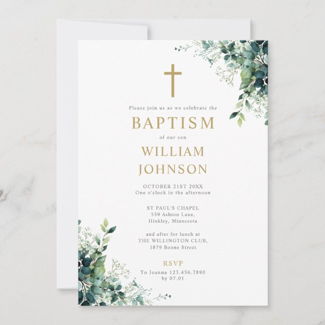 Eucalyptus Floral Greenery Monogram Baptism Invitation (Front)