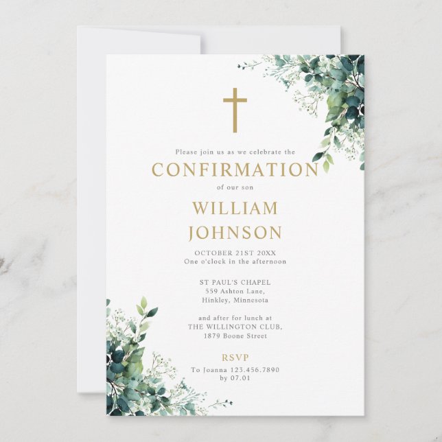 Eucalyptus Floral Greenery Monogram Confirmation Invitation (Front)