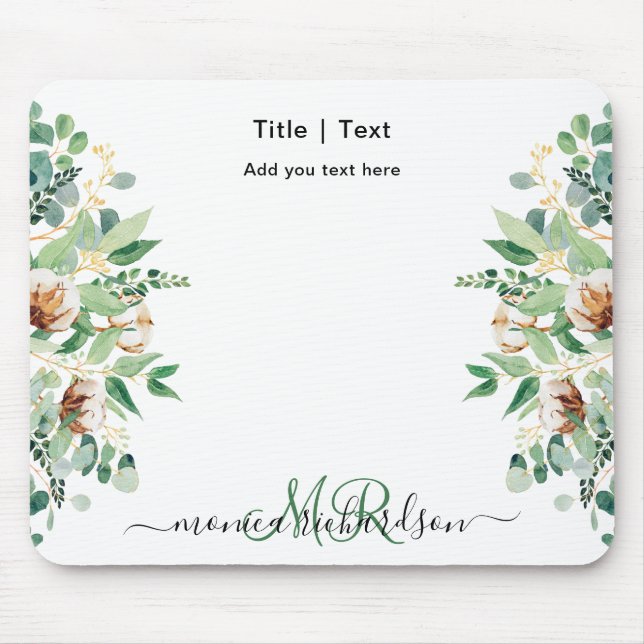 Eucalyptus Floral Greenery Monogram Simple Custom Mouse Pad (Front)
