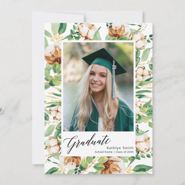 Eucalyptus Floral Greenery Script Photo Graduation Invitation (Front)