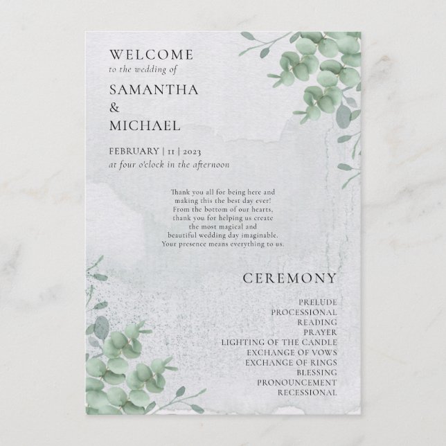 Eucalyptus floral minimal modern program wedding (Front)
