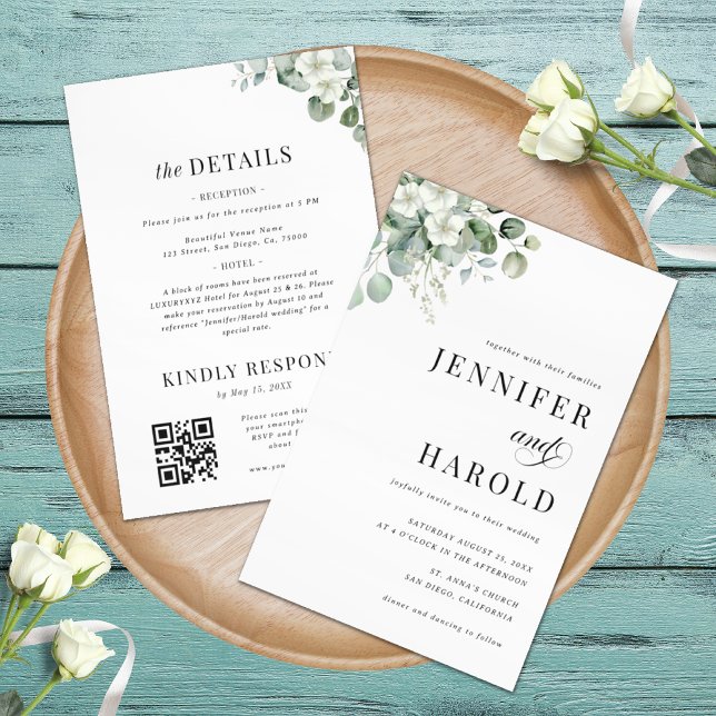 Eucalyptus Floral Minimal Plain All in One Wedding Invitation (Creator Uploaded)
