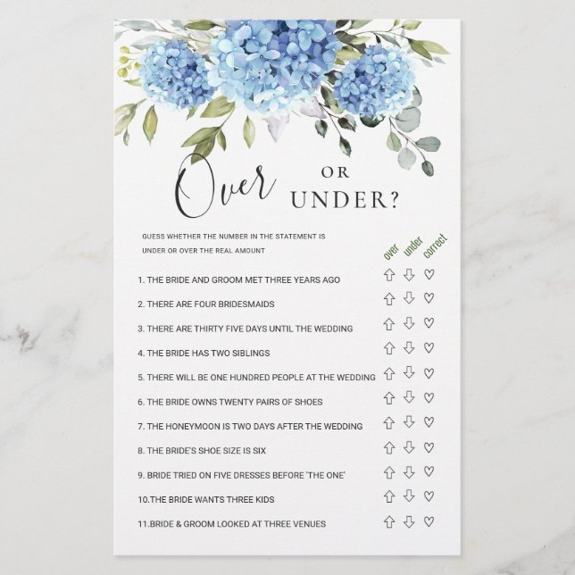 Eucalyptus Floral Over Or Under Bridal Shower Game (Front)