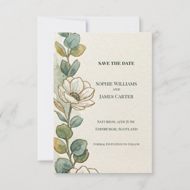 Eucalyptus Floral Save The Date Card (Front)