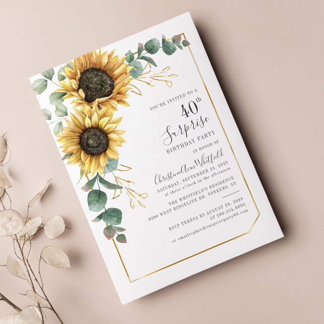 Eucalyptus Floral Sunflower 40th Birthday Party Invitation (40th Birthday Sunflower Eucalyptus Greenery Surprise Party invitation)