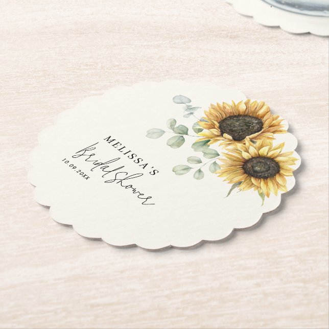 Eucalyptus Floral Sunflower Bridal Shower Paper Coaster (Angled)
