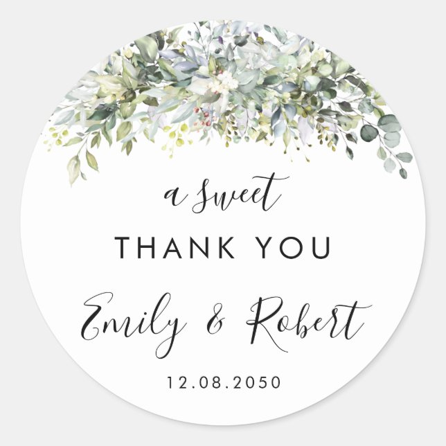 Eucalyptus Floral Wedding Classic Round Sticker (Front)