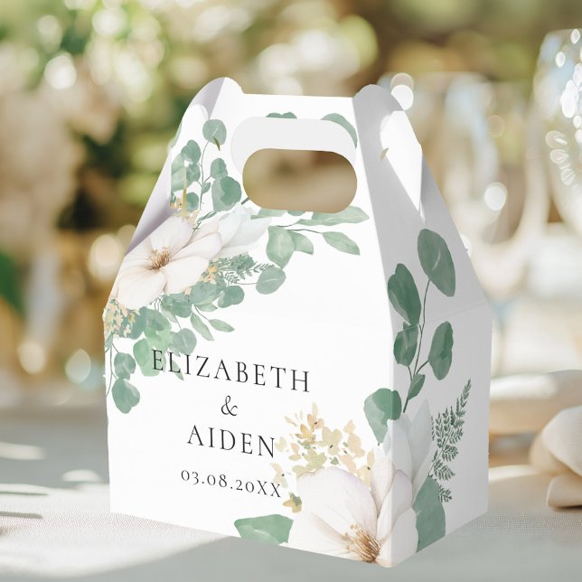 Eucalyptus Floral Wedding Collection Favour Box (Eucalyptus Floral Beige Wedding Collection Favor Boxes. White, greenery,floral with your name & date)