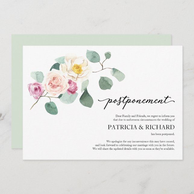 Eucalyptus Floral Wedding Postponement Invitation (Front/Back)