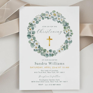 Eucalyptus Floral Wreath Christening Invitation  