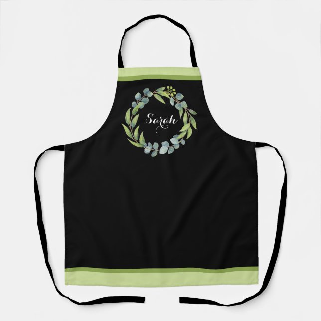 Eucalyptus Floral Wreath on Black Apron (Front)