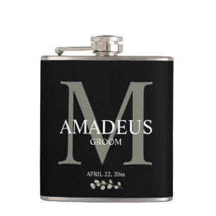 Eucalyptus Florals Monogram Groom Hip Flask