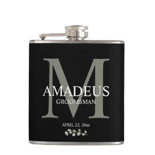 Eucalyptus Florals Monogram Groom Hip Flask
