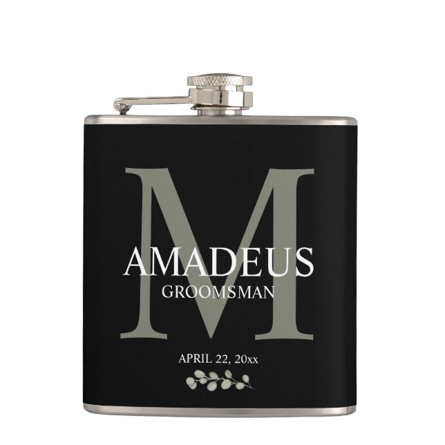 Eucalyptus Florals Monogram Groom Hip Flask (Front)