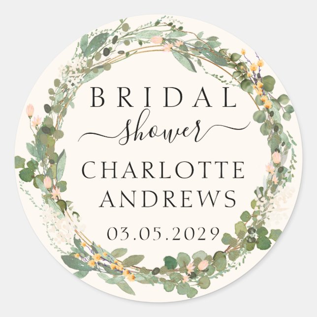 Eucalyptus Flowers Bridal Shower   Classic Round Sticker (Front)