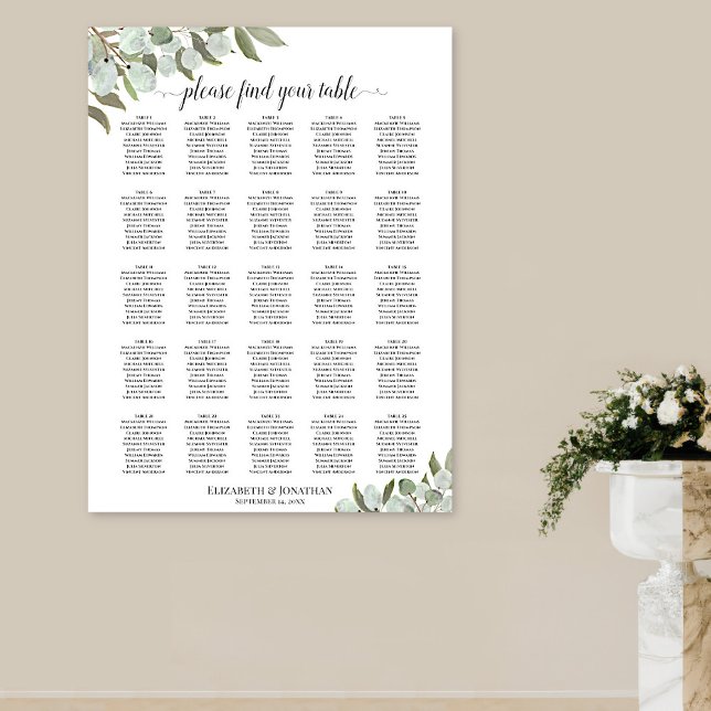 Eucalyptus Foliage 25 Table Wedding Seating Chart (In Situ on Wall with Pedestal Vase)