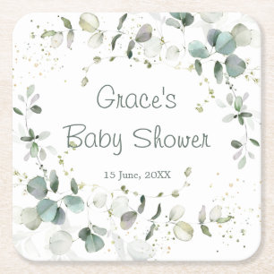 Eucalyptus Foliage Baby Shower Square Paper Coaster