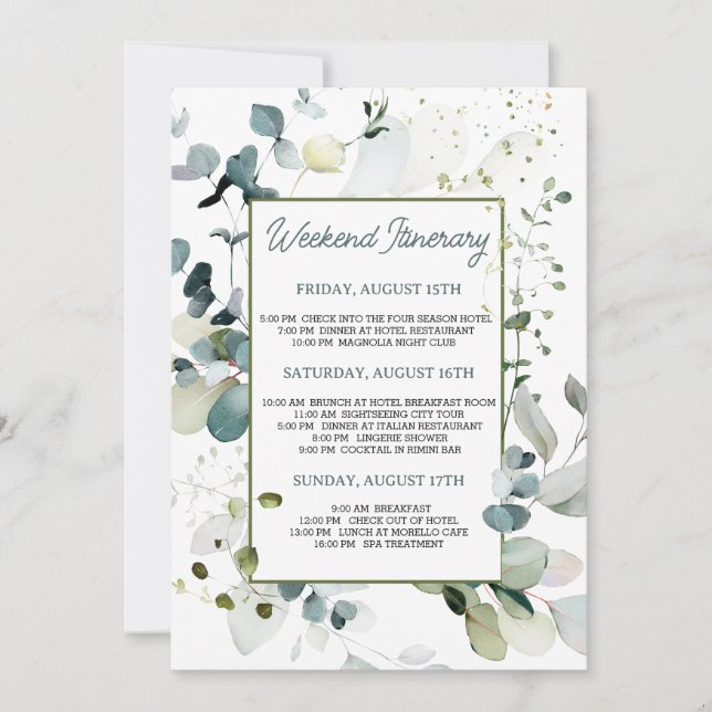 Eucalyptus Foliage Bachelorette Weekend Itinerary Invitation (Front)