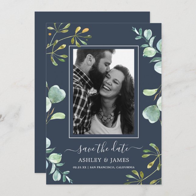 Eucalyptus Foliage Blue Botanical Save the Date Invitation (Front/Back)