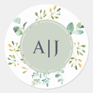 Eucalyptus Foliage Botanical Wedding Monogram Classic Round Sticker