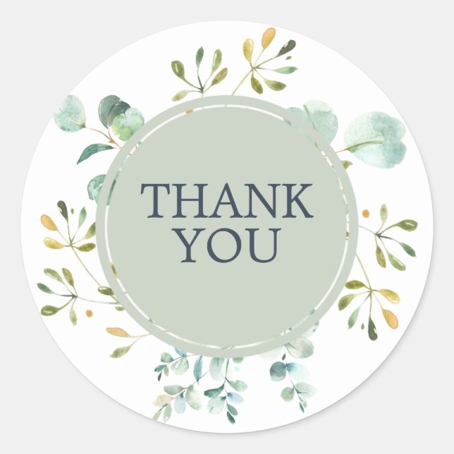 Eucalyptus Foliage Botanical Wedding Thank You Classic Round Sticker (Front)