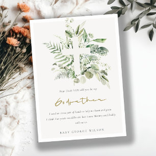 Eucalyptus Foliage Cross Godfather Proposal Invite