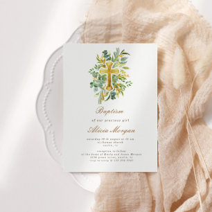 Eucalyptus Foliage Gold Cross Baptism Invitation