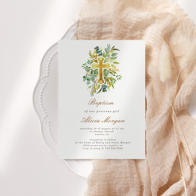 Eucalyptus Foliage Gold Cross Baptism Invitation (Creator Uploaded)