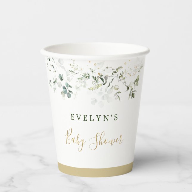 Eucalyptus Foliage Gold Gender Neutral Baby Shower Paper Cups (Front)
