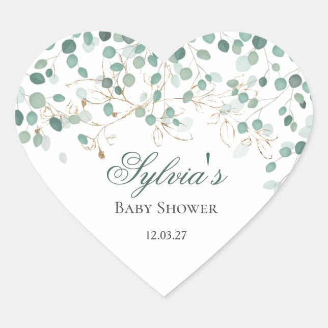 Eucalyptus Foliage Gold Leaves Baby Shower Heart Sticker (Front)