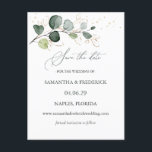 Eucalyptus Foliage Gold Leaves Save the Date Postcard<br><div class="desc">This design features a watercolor illustration of eucalyptus foliage and golden leaves.</div>