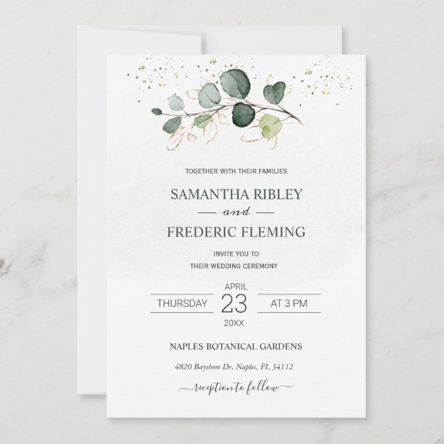 Eucalyptus Foliage Gold Leaves Wedding Invitation (Front)