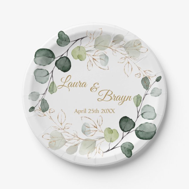 Eucalyptus Foliage Gold Leaves Wedding Paper Plate (Front)