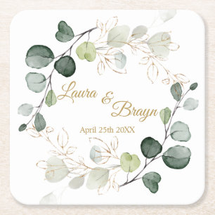 Eucalyptus Foliage Gold Leaves Wedding Square Paper Coaster