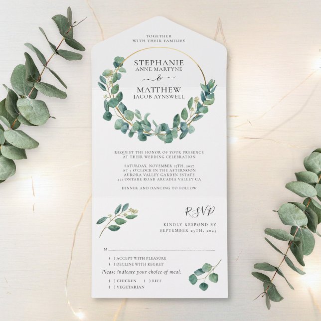 Eucalyptus Foliage Leaves Gold Wreath Wedding All In One Invitation (Creator Uploaded)