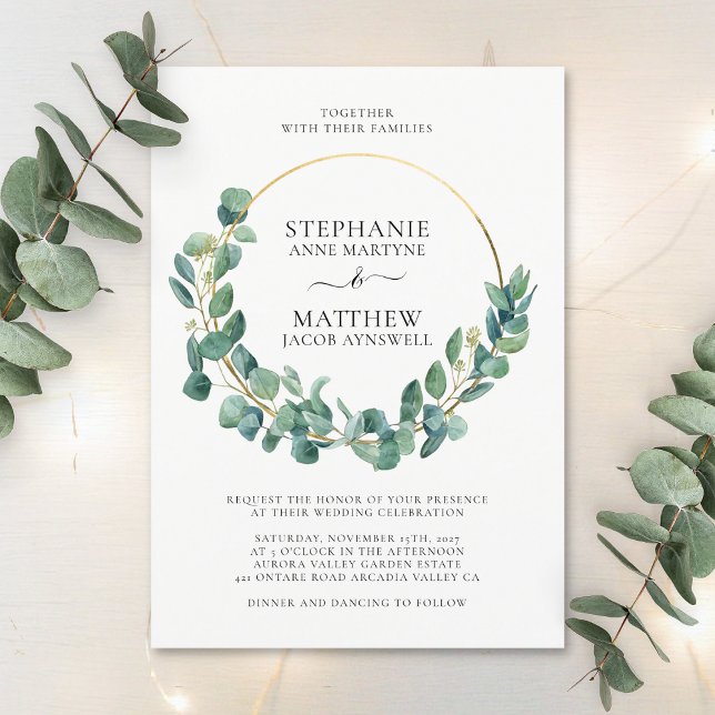 Eucalyptus Foliage Leaves Gold Wreath Wedding Invitation (Creator Uploaded)