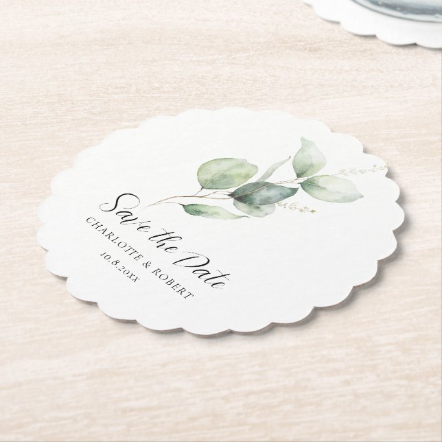 Eucalyptus Foliage Minimalist Save the Date Paper Coaster (Angled)