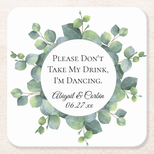 Eucalyptus Foliage Personalised Wedding Square Paper Coaster (Front)