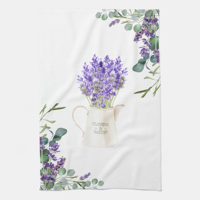 Eucalyptus Foliage Purple Lavender Flowers Tea Towel (Vertical)