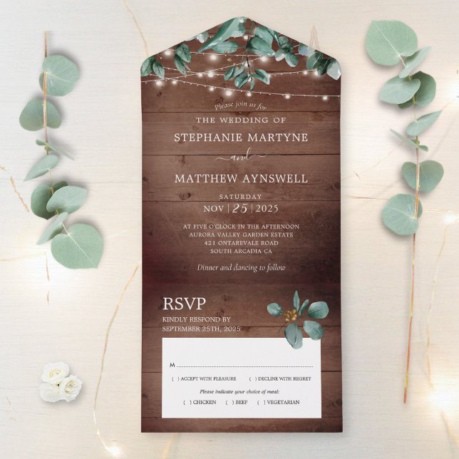 Eucalyptus Foliage Rustic Lights Wood Wedding All In One Invitation (Creator Uploaded)