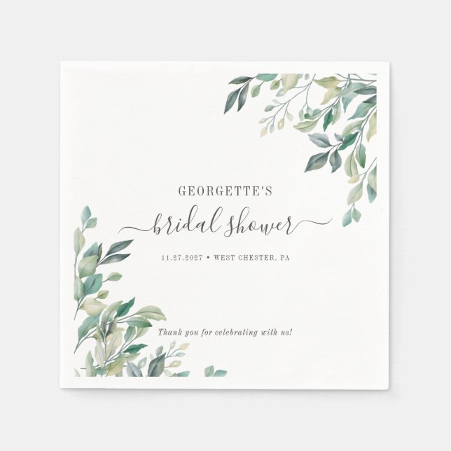 Eucalyptus Foliage Script Greenery Bridal Shower Napkin (Front)