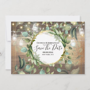 Eucalyptus foliage string lights country rustic save the date