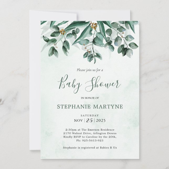 Eucalyptus Foliage Watercolor Baby Shower Invitation (Front)